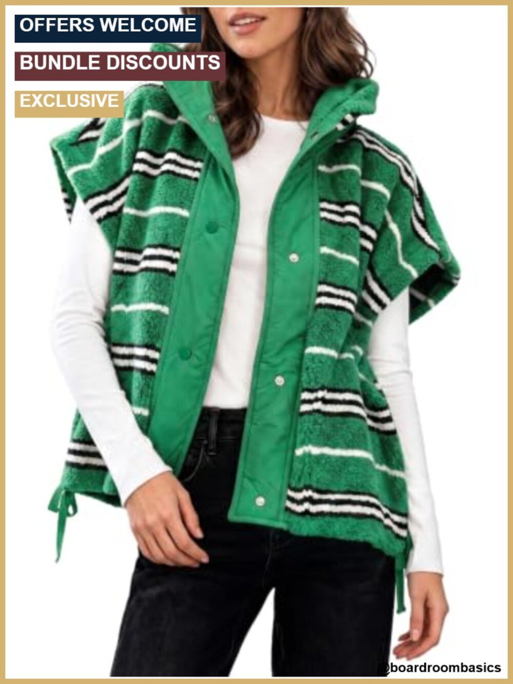 Fuzzy Fleece Vest Button Down Striped Sleeveless Sherpa Jacket